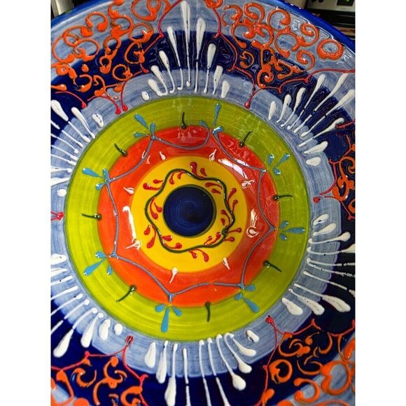 Hand-Painted Ceramic Bowl From Spain With Vibrant Blue Orange & Yellow Patterns - Picture 9 of 16